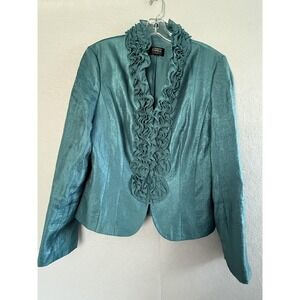 Adrianna Papell Jacket Womens Size Green Ruffle Front Evening Formal